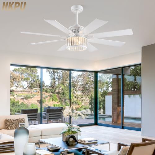 NKPU 52" Farmhouse Crystal Ceiling Fans with Lights and Remote, Chandelier Industrial Ceiling Fan with Dual 8 Blades, 6 Speed Reversible Motor, Timing, White Ceiling Fan for Living room, Bedroom - color: White