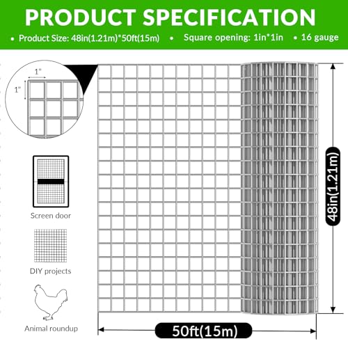 Welded Wire Fence 1‘’x 1‘’ 48in x 50 ft,Vinyl Coated Welded Wire Mesh Roll,16GA Heavy Duty Galvanized Chicken Wire Fencing, Hardware Cloth for Yard Vegetable Protection Goat & Poultry Netting - size: 1‘’x 1‘’ 48in x 50 ft