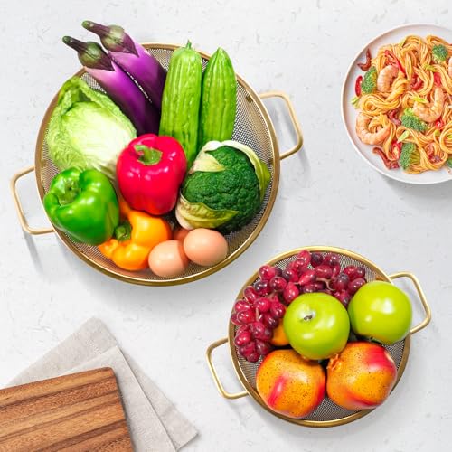 Gold Strainer for Kitchen, 3QT, Stainless Steel Colander with Handle for Fruits Vegetables Cooking Food, Dishwasher Safe - size: 3QT