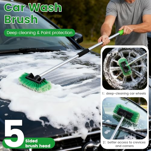 Car Wash Brush with Long Handle, 60'' Soft Bristle Cleaning Brush, Car Cleaning Brushes, Carwash Brushes for SUV, RV, Boat, Truck, House Siding, Sweep Snow, Green - color: Green