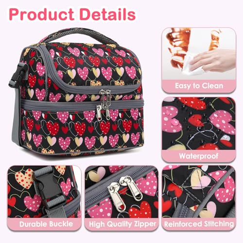 FlowFly Double Decker Cooler Insulated Lunch Bag Large Tote for Boys, Girls, Men, Women, With Adjustable Strap,Heart - color: Heart