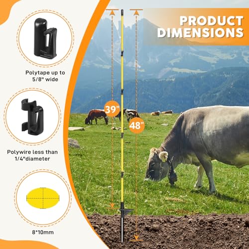 48In/4FT Fiberglass Step-in Electric Fence Posts | 5 Clips, Holds Wire, Poly Tape, and Poly Rope, Livestock Control | Lightweight, Anti-Rotation