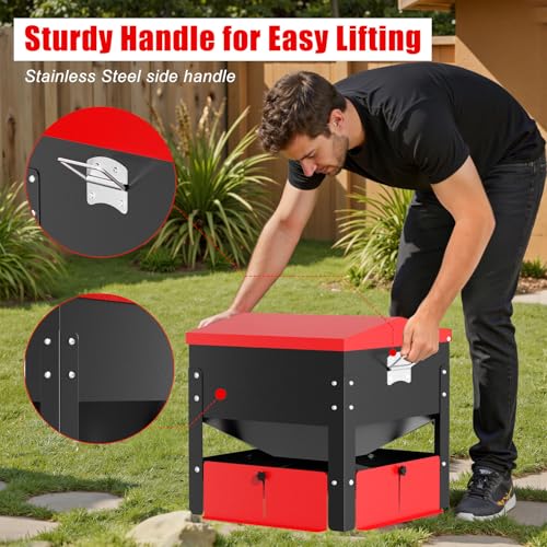Portable Metal Chicken Feeder, Freestanding Chicken Feeder with Top-Sloped Waterproof Lid, No Waste Gravity Poultry Feeder for Hens and Ducks, 80 lbs Large Capacity