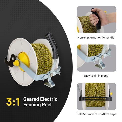 3:1 Geared Electric Fencing Standard Reel with 1640ft Premium Polywire 6 Conductors Plus 1 Free 8 inch Insulgrip 1 Pack - size: 1640 feet x 1 standard reel x 1 Handle
