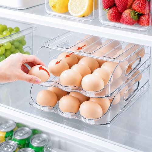 SMRCAD 18-Egg Dispenser with Silicone Bumpers, Auto-Rolling, Stackable | BPA-free food-grade PET | Stackable with lid | Built-in handle | 11.92"L x 8.85"W x 2.9"H | Hand wash only - size: 1 Tier Holder 18 Eggs（L SIZE）