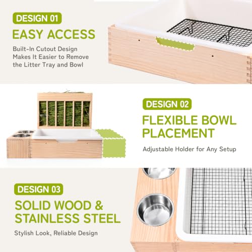 3-in-1 Rabbit Hay Feeder with Litter Box, Bowl Tray for Medium Bunnies | Wire Grate Separates Waste, Includes Mini Brush, Wooden Bunny Toilet for Dutch Rabbits, Polish, Medium Breeds,Easy Clean - size: Large