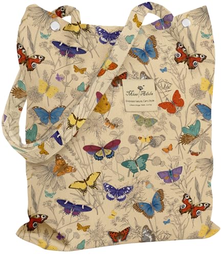 Miss Adola Corduroy Tote Bag for Women with Aesthetic Design | Magnetic Buckle & Pocket, Reusable, Soft, Roomy, Long Shoulder Handles, Double-sided Print, Casual Daily Work, Grocery Bags - color: Butterfly Line Flower, size: Large