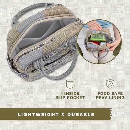 Bella Taylor Lunch Tote, Quilted Lunch Bag, Khaki Patchwork | Lightweight quilted cotton lunch box, easy-to-clean PEVA lining, 3 outside/1 inside pocket, durable construction - color: Khaki Patchwork
