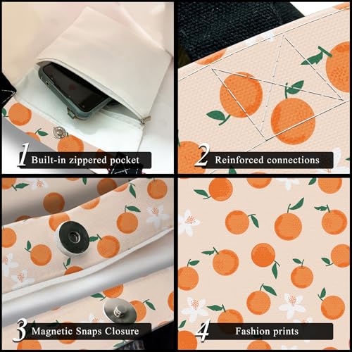 Canvas Tote Bag for Women，Cute Heavy-Duty Shoulder Bag with Zipper Pocket -Travel Tote for Grocery, Gym,Shopping - color: Orange With Green Leaves