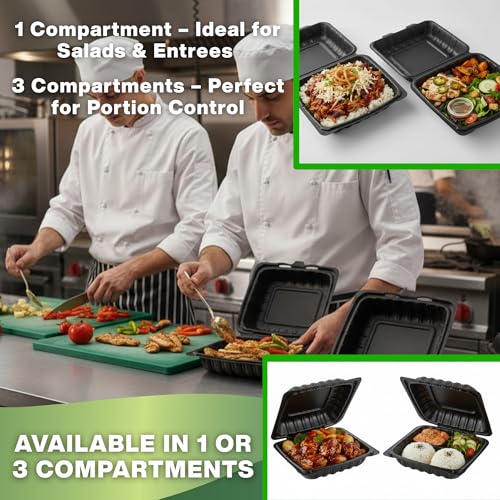 Front Lock MFPP Hinged Food Containers, 9" x 9" Black Vented Clamshell – 3 Compartment Disposable Takeout Boxes, Durable Microwaveable Containers for Restaurants & Food Service – 150 Pack - color: Black