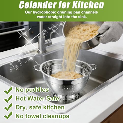 Palksky Stainless Steel Colander Set of 3, Nesting Metal Strainers with Handles and Raised Base, 7/8.7/11 Inch Kitchen Colanders for Pasta, Vegetables, Fruit, Rice, Salad and Meal Prep - color: 3 Sizes Colander Set with Handles