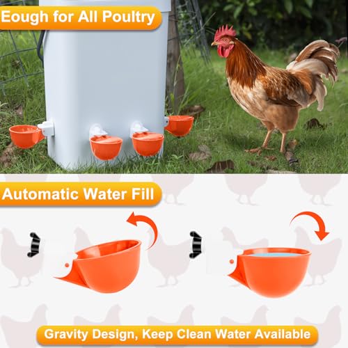 Chicken Water Cups 12 Pack, Automatic Filling Waterer Feeder Bowl, Gravity Poultry Watering System, Chicken Water Dispenser, Chicken Coop Accessories for Hens, Duck, Goose, Turkey (Orange) - color: Orange 12cups