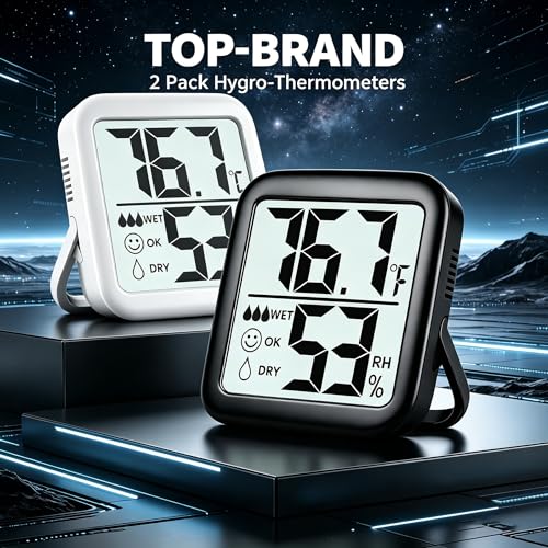 Antonki 2 Pack Room Thermometer Indoor Hygrometer | Monitor Temperature & Humidity, Accurate, Fast Read, Easy To View, Magnetic/Kickstand/Hanging, ℉/℃, w/ Battery, Compact - color: 2 Pcs* Black & White