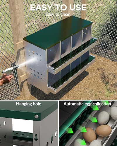 Galvanized Steel Chicken Nesting Boxes, 8-Hole Laying Boxes with Front Egg Tray ＆ Vent, Roll Away Nesting Box for Hens, Includes 8 Training Eggs, Green - color: Green