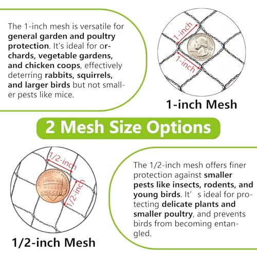50x100ft Bird Netting for Chicken Coop, 1" Mesh Chicken Coop Netting Cover | Poultry Netting Roof for Chicken Run, Hawk Proof, Bird Netting for Garden, Fruit Trees, Plants, Vegetables, Garden Protection - size: 50'x100'-1''