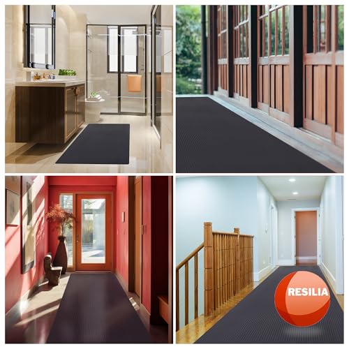 RESILIA Black Plastic Floor Runner - Embossed Wide Rib Waterproof Vinyl, Heavy Duty Protector Mat for Indoor Hardwood, Hard Floors, Garage, Entryway, Kitchen, & Outdoor Use, 36” x 12’, Made in USA - size: 36" x 12'