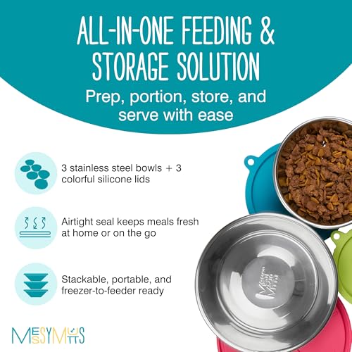 Messy Mutts 6 Piece Set, 3 Stainless Bowls and 3 Silicone Lids, Extra-Large | Set Of Three Stainless Dog Bowls And Three Airtight Silicone Lids For Meal Prep, Storage, And Travel - size: Extra Large, 6 Cups per Bowl
