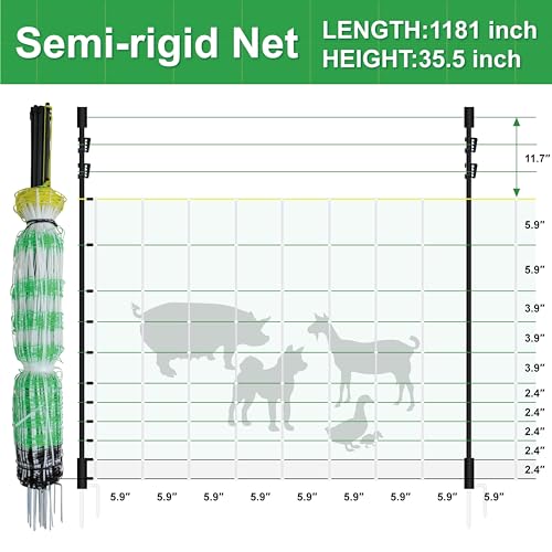 Premium Electric Semi-Rigid Fence Netting 35.4"H x 98.42'L, Pre-Assembled Posts Raised to 47.2"H, Can Add Additional Polywire to Ensure Safety for Backyards,Homesteads,Gardens,Farms,and Ranches,PK1 - size: Length 98.4 ft x 1