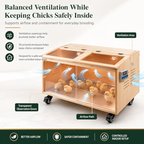 Wooden Chicken Brooder, Pine Wood Chick Brooder for Chicks with Thermostat with Heat Lamps, Thermostat & Locking Casters, Indoor Chick Brooder Box for Quail，Hamster and Small Animal (40x20x20 in)