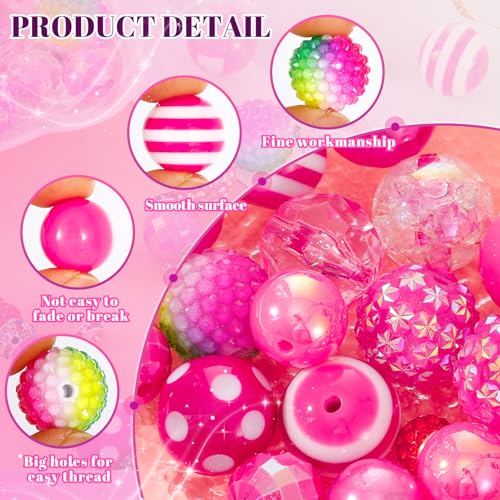 28 Pcs Chunky Bubblegum Beads and 84 Pcs Large Hole Spacer Beads | Total 112 Pcs Beads for Pens, 16/17/20mm Focal Bead for Beadable Pens, Large Beads for Jewelry Making Keychain - color: Rose red