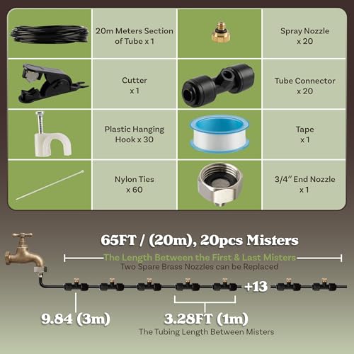 Water Mister Outdoor Patio Cooling System with 65ft Tubing, 20 Mist Nozzles, and 3/4” Standard Connector - DIY Plant Mister for Canopy, Garden, Greenhouse, Trampoline or Deck Umbrella by Pure Garden
