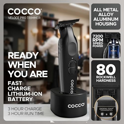 Cocco Veloce Pro Trimmer, Digital Gap Ambassador DLC Blade Edger | High-Torque Brushless BLDC Motor, Cordless, All-Metal Design, Lithium-Ion Battery, Charging Base Included