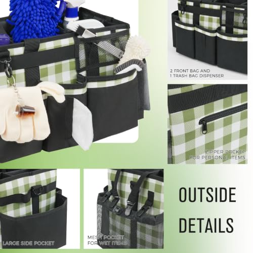 SCAVATA Wearable Cleaning Caddy, Cleaning Caddy Supplies Organizer with Handle & Shoulder Straps for Housekeepers, Under Sink & Car Cleaning Tool Organizers Bag with 4 Foldable Divider (GreenPlaid) - color: GreenPlaid