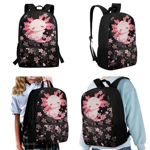 Upetstory Cherry Blossom School Bag Axolotl Backpack for Girls School Bag Set wth Lunch Box 6-8 8-10 10-12 Kids Pencilcase Water Bottle Sleeve Book Cover Elementary Kindergarten Preschool Bookbag - color: Cherry Blossom Axolotl