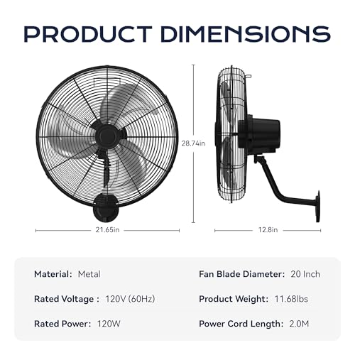 Tehanld 2PC Industrial Wall Fan 20 Inch - 3400 CFM High Velocity Airflow, Heavy Duty Metal Wall Mounted Fan with 80° Oscillation & Adjustable Tilt, 3-Speed Commercial Fan for Workshop & Patio - size: 20 INCH - 2PC