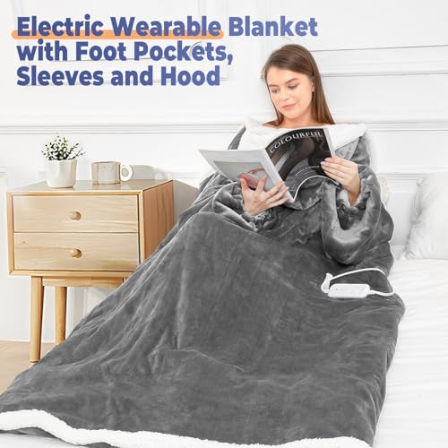 Wearable Heated Blanket with Foot Pocket, Electric Wearable Throw Blanket with Sleeves, Hood, Portable Heated Blanket with 8 Heat Settings, 1-10 Hours Auto Shut-off, Gift for Family, Friends, 50*70" - color: Light Gray