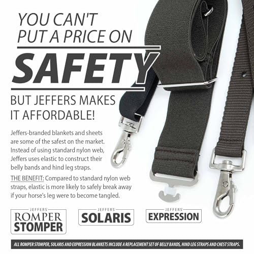 Jeffers Equine Replacement Adjustable Elastic Leg Straps for Horse Blankets, Sheets & Turnout Rug – Durable, Wide 1" Strap, Secure Fit, Adjustable for All Horses – Classic Black - Sold in Pairs