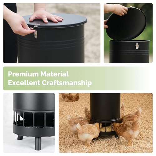 Solution4Patio 65 LB Large Chicken Feeder No-Waste, Portable Gravity Chicken Feeder Automatic, Dispenser, 16 Feeding Ports Poultry Feeder, Hen Coop (Black)