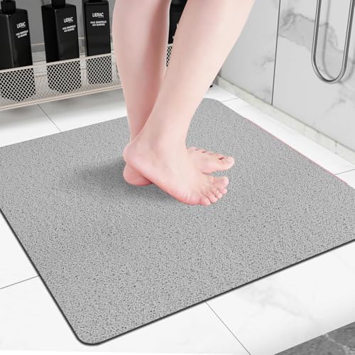 Square Non-Slip Shower Mat 24x24 Inches, Quick-Draining Bath Mat for Shower Floor, PVC Loofah Textured Shower Stall Mat, Secure Anti-Slip Bathroom Mat, Boho Style Bath Mat (Gray) - color: Grey