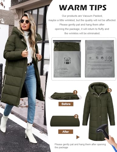 Winter Coats for Women-Puffer Jacket Hooded Warm Winter Long Coat Thickened Down Alternative Jacket Outwear - color: Army Green, size: Small