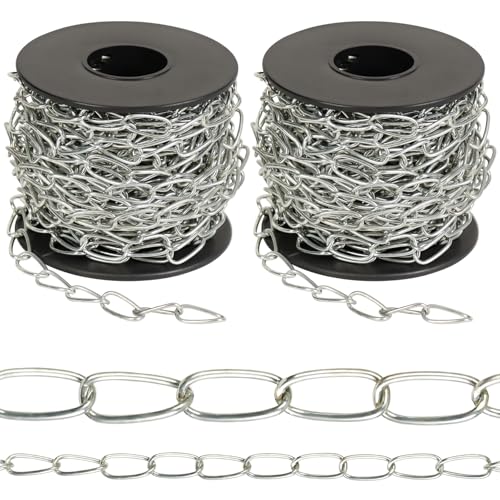 60ft Galvanized Steel Hanging Jack Chain Silver Metal Link Chain Roll Spool | Heavy Duty Hanging Chain for Home Outdoor Camping, Silver, 2 Pack