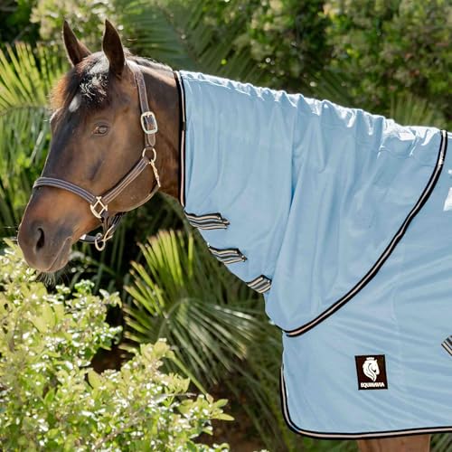 Equinavia Brisk Mesh Horse Fly Sheet with Neck Coverage, UV Protection | Cool Breathable Equine Fly Sheet for Horses, Horse Turnout Sheet Against Pests, Insects and Sun Exposure, Light Blue - color: Light Blue, size: 81 in