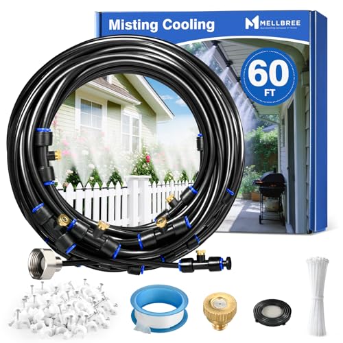 Mellbree Misters for Outside Patio 60FT/18M, Pre-Assembled Misting Cooling System with 19 Brass Nozzles & 3/4" Adapter, Outdoor Mister for Garden, Backyard, Pool, Greenhouse, Play Area, Trampoline - size: 60FT