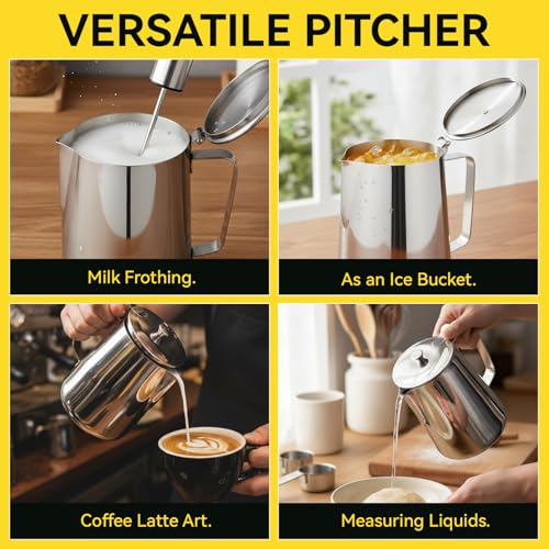 Stainless Steel Pitcher with Lid, 70 oz Metal Measuring Cup with Marking with Handle, 2 L Large Mouth Graduated Beakers, Milk Frothing Jug for Latte Art, Iced Tea, Espresso Machines, Water