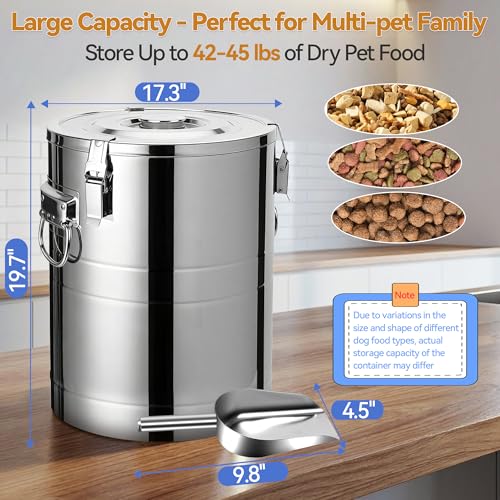 Newget 45 lb Stainless Steel Dog Food Storage Container with Scoop | Super Large Capacity, Airtight, Sturdy, Rust-Proof, Insect-Proof, Moisture-Proof, Easy to Use, Suitable for Store Pet Food - size: 45 lb