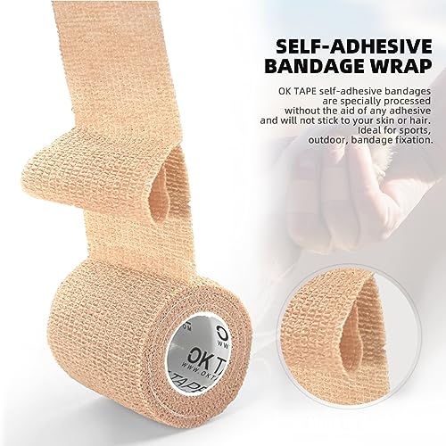OK TAPE Self Adherent Cohesive Bandages Wrap 12Packs 3" x 5 Yards | Non-Woven Self Adhesive Bandage Wrap for Thumb, Finger, Wrist, Ankle, Vet Wrap Bandages Tape (Beige) - color: Beige/Tan, size: 3 In x 5 Yards