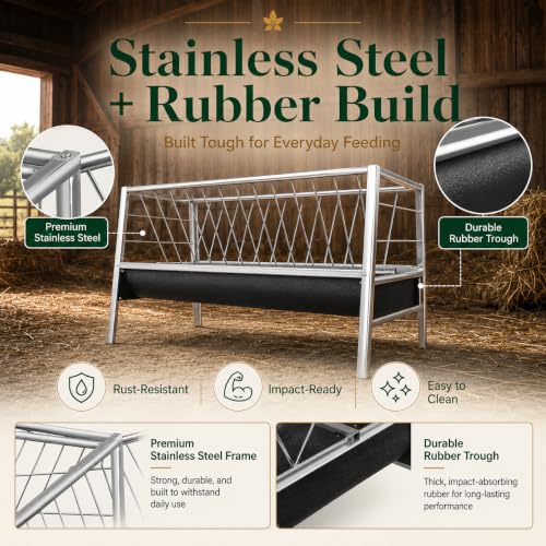 98 Gallon Livestock Feeder, Hay Feeder for Goats Sheep Calves and Horses | Anti-waste stainless steel goat feeder with rubber trough supports hay and feed access for goats, sheep, calves and horses.