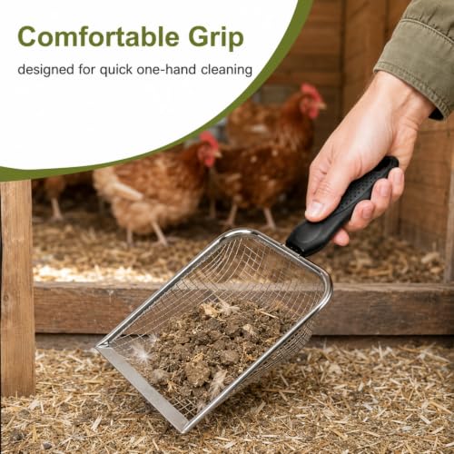 Chicken Poop Scooper,Chicken Coop Cleaning Tools,Mesh Sifting Shovel with 3.8mm & 5mm Holes,Metal Chicken Coop Rake and Scoop Tool,Scooper Shovel for Sifting Sand,Litter,Chicken Supplies(2 Pcs)