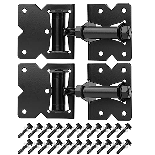 Heavy Duty Gate Hinges 2 Pack Solid Vinyl Fence Gate Closer Hinges with 22 Durable Screws, 90 Degree Tension Boerboel Gate Hinges Hardware Kit for Wooden/PVC Fence, Manual Close & Black Finish - size: Fixed