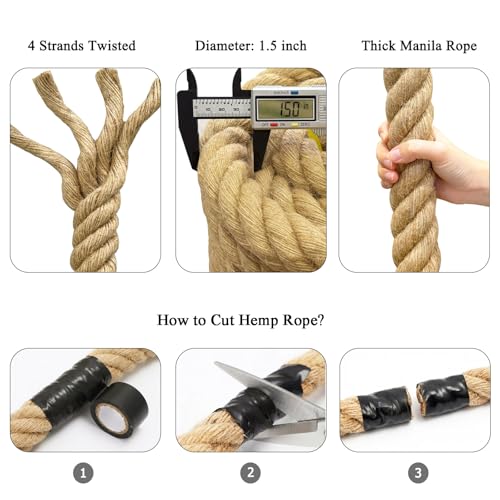Natural Jute Rope (1.5 Inch x 100 Feet) Thick Hemp Rope Twisted Manila for Deck Railings, Swing Bed, Tug of War, Docks, Nautical, Decorating - size: 1.5 Inch x 100 Feet