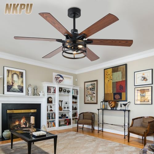 NKPU 52 Inch Farmhouse Ceiling Fan with Light and Remote, Brown Industrial Caged Rustic Ceiling Fan with 6 Speed Reversible Motor and Dual Finish 6 Blades, Rustic Ceiling Fan for Living - color: Brown