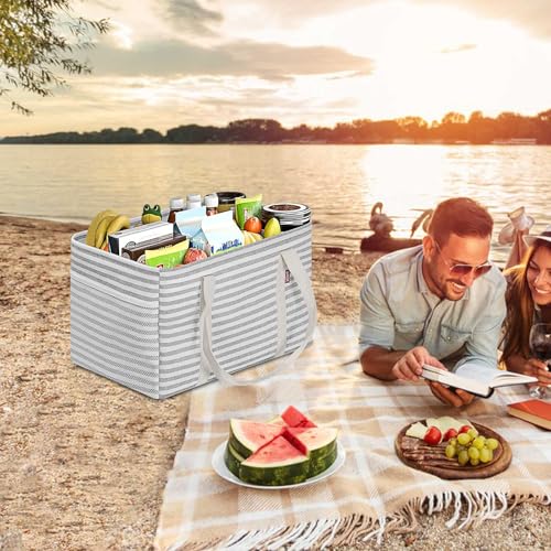 LHZK Standing Utility Tote Bag with Metal Wire Frame and the Sides Rinforced, Large Tote Bag with Handle, Reusable Grocery Bags Foldable, Beach Bag, Car Tote (Gray, 18.5''x11.8''x11.5'') | Metal Wire Frame - color: Gray, size: 18.5''x11.8''x11.5''-1 Pack
