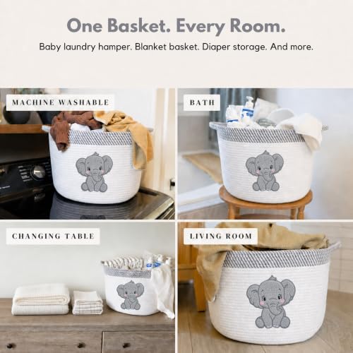 Elephant Baby Storage Basket, Woven Cotton Rope Nursery Bin, 15x11 in | Stuffed Animal and Blanket Storage, Soft Felt Elephant Patch, Neutral Baby Room Decor, Baby Shower, Kids Playroom Organizer - color: Neutral Elephant