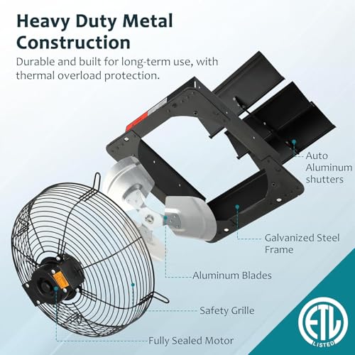 Xcity 12 inch Shutter Exhaust Fan, Wall Mounted Fan High Velocity 1500 CFM, 1600 RPM, Auto Aluminum Attic Vent Fan, Low Noise for Garage,Warehouse, Commercial, Greenhouse Ventilation Cooling - size: 12 Inch-B