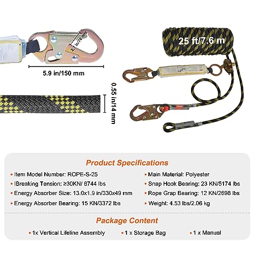 VEVOR Vertical Lifeline Assembly, 0.55'' x 25' Fall Protection Rope with 30 KN Breaking Tension, Polyester Roofing Rope with Steel Snap Hooks, Rope Grab, and Shock Absorber, ANSI Compliant - size: 25FT