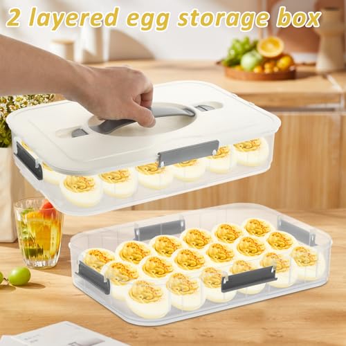 FMOACEN 2-Layer Deviled Egg Containers with Lid, 36 Slots Deviled Egg Tray Carrier with Lid Clear Eggs Storage Box Portable Egg Holder Platter with Handle for Easter Party Home Kitchen Supplies